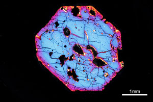 普通輝石の薄片（直交ニコル）。